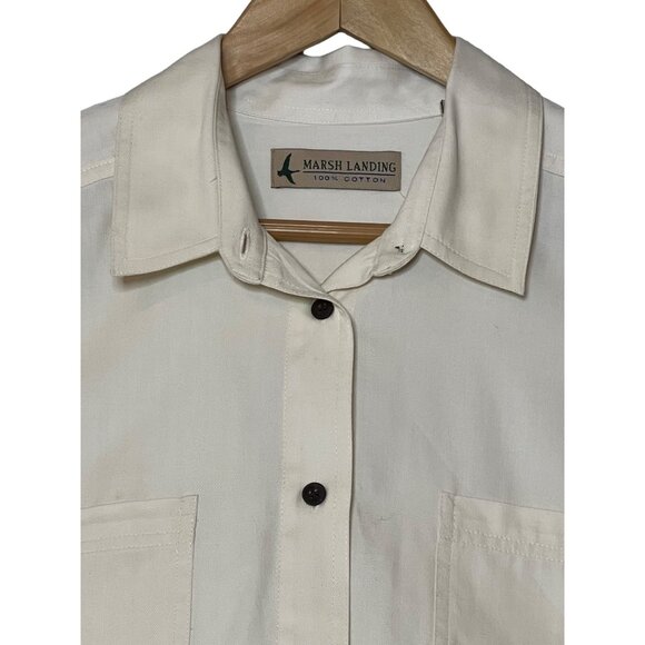 Marsh Landing Women White Long-Sleeve Shirt Button-Down Cotton Large Pockets - Picture 2 of 16